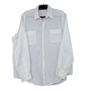 Perry Ellis Mens XL White 100% Linen Long Sleeve Button Down Shirt Dual Pockets